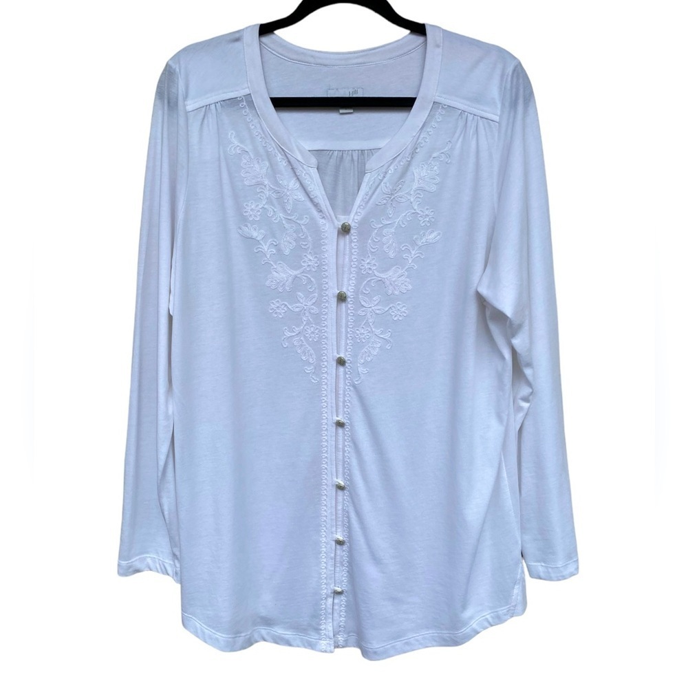 J. Jill Embroidered White Button Down Blouse SZ Large Cotton Modal Long Sleeve